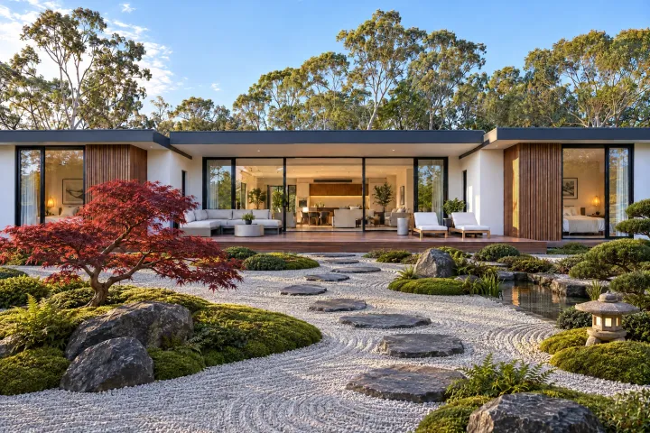 The same home with a Japanese garden of raked white gravel, dark stepping stones, moss mounds, a red Japanese maple, a stone lantern and a small pond.