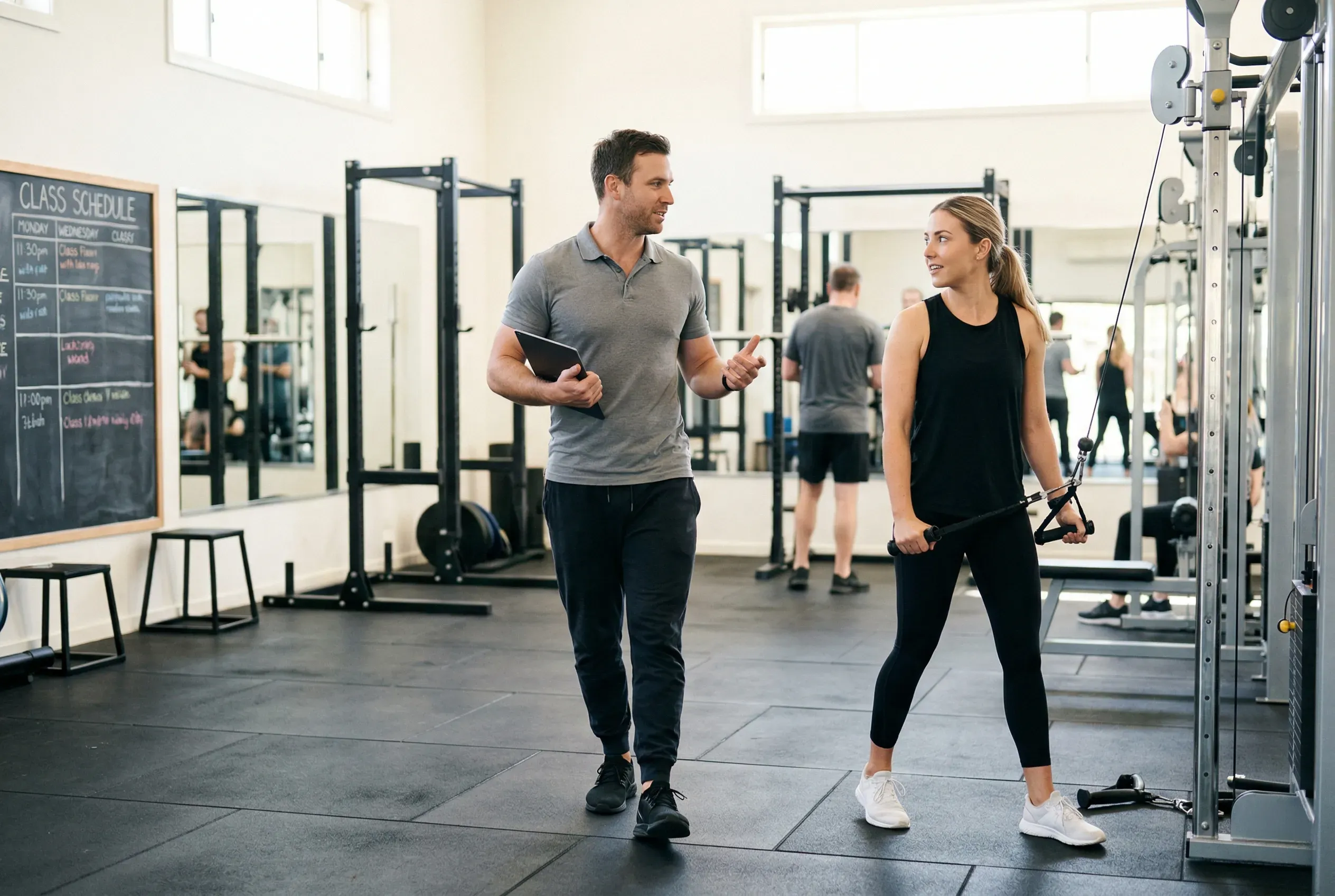 Gym owner holding a tablet while chatting with a client on the gym floor