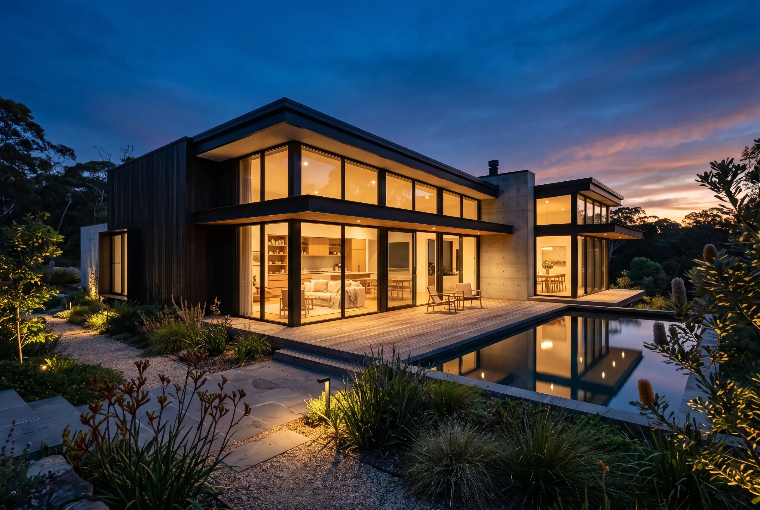 A finished home at twilight, interior lights glowing against a deep blue sky.