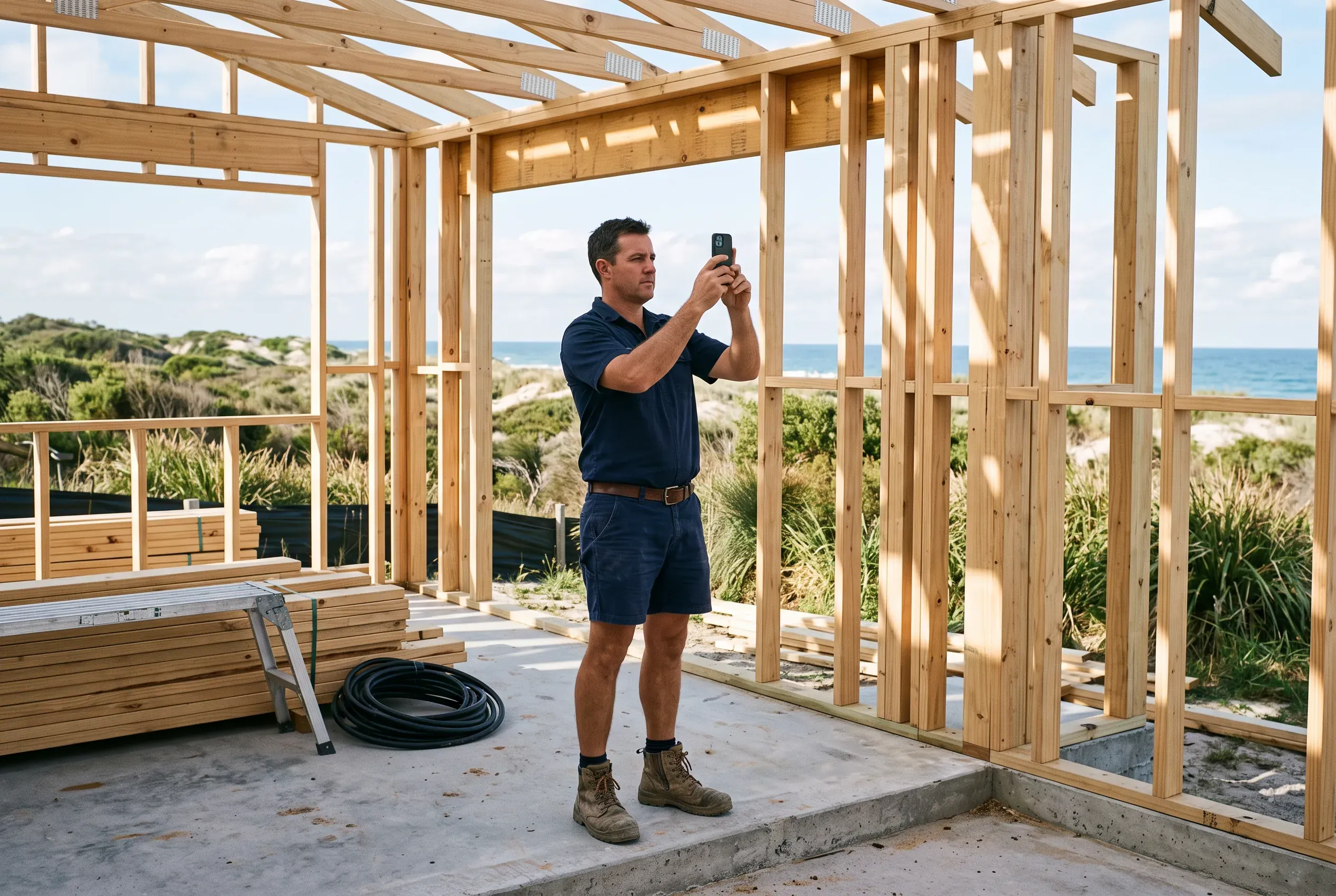 A builder photographs a framed extension on his phone during the build, morning light through the studs.