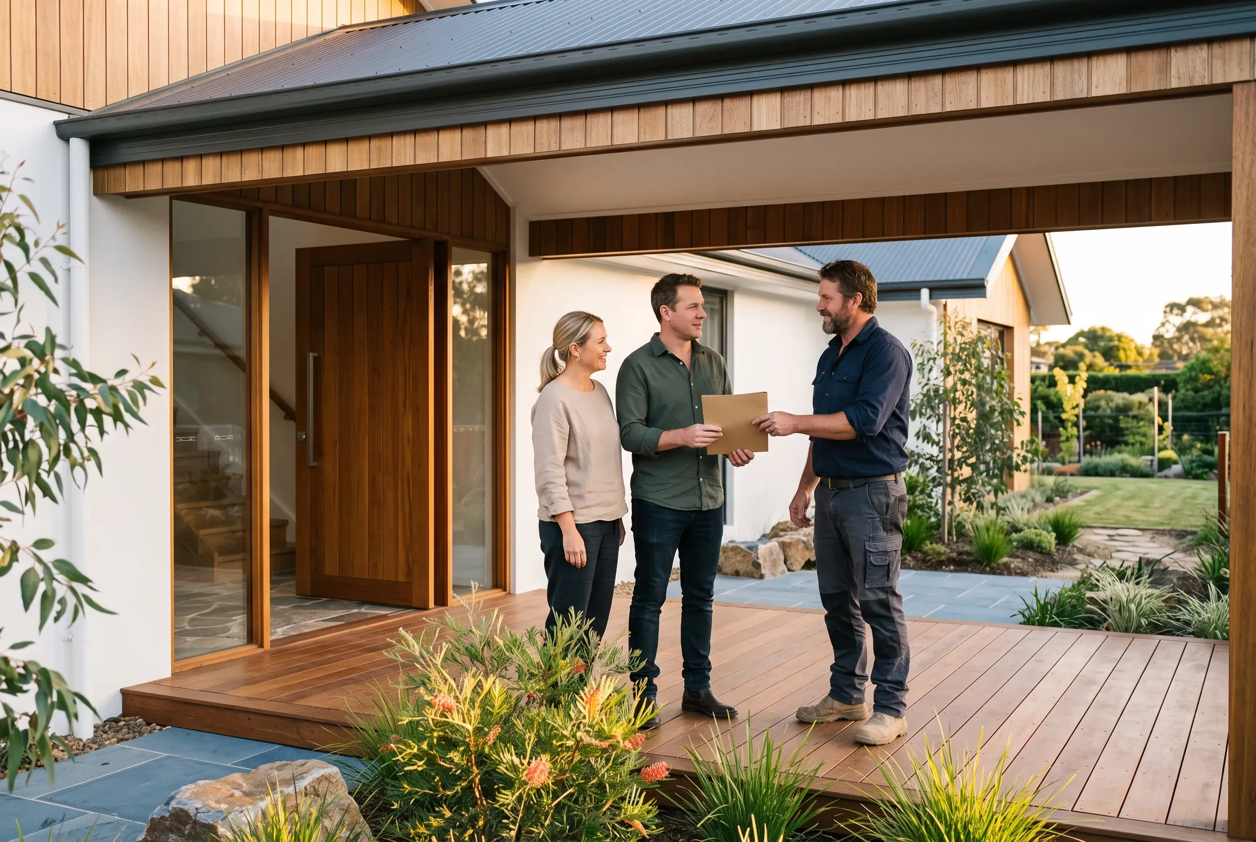 A builder and the owners talk at the front door of a finished home in warm afternoon light, a folder passing between them.