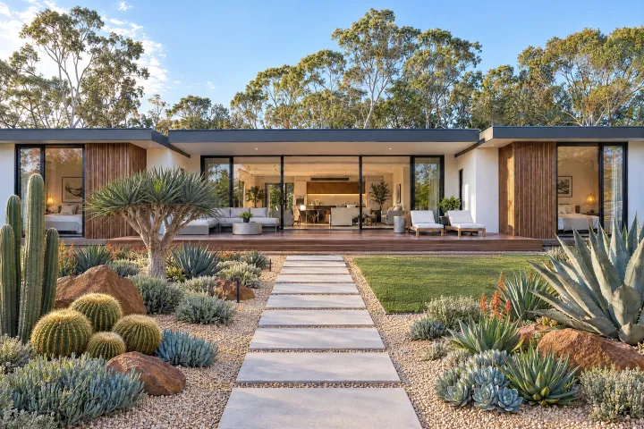 The same home with a dry garden of agaves, aloes, cacti and a dragon tree among gravel and red boulders, with concrete stepping pads and a small lawn.