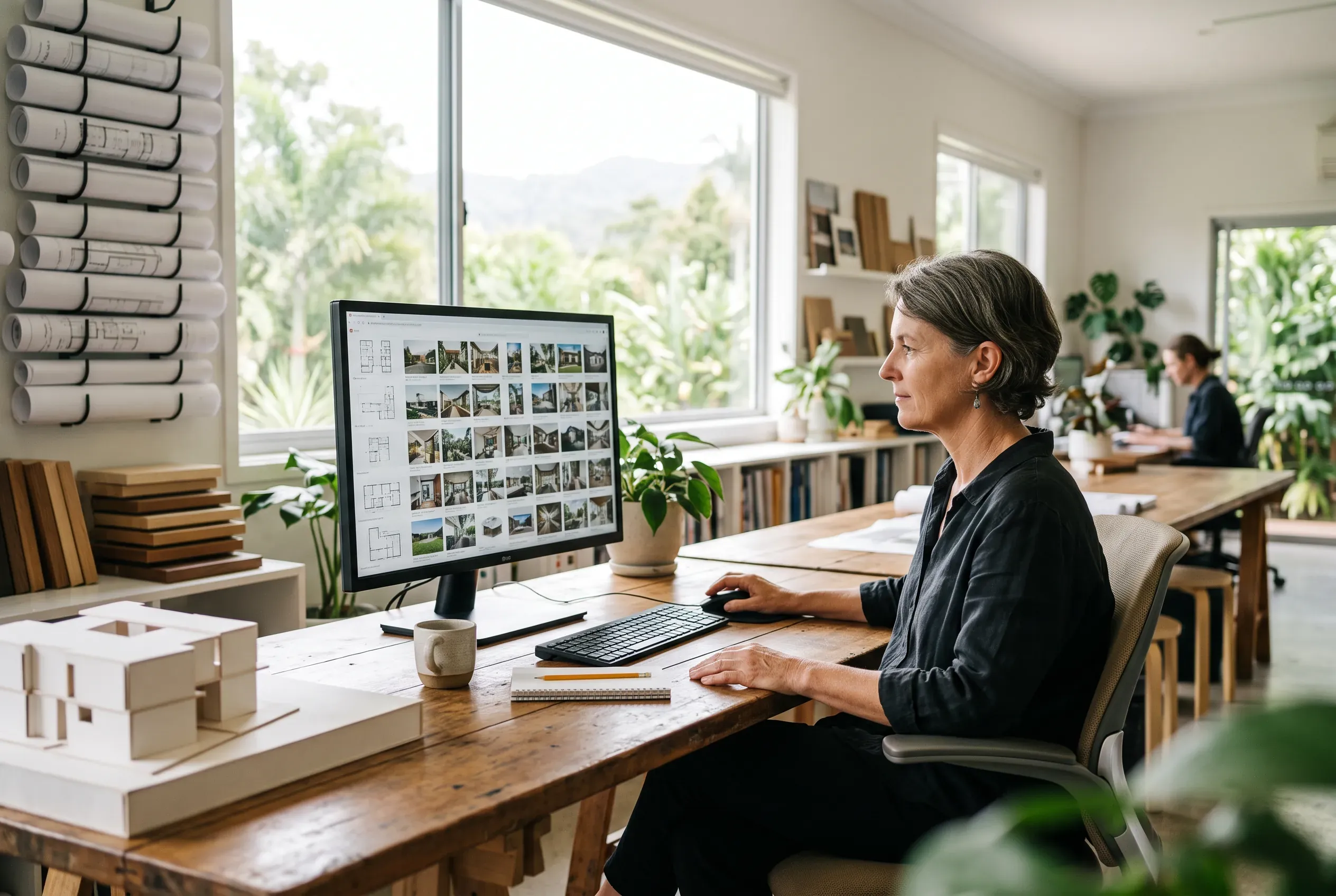An architect at a timber desk in a bright studio looks through a builder's project gallery on a large monitor, morning light across the room.