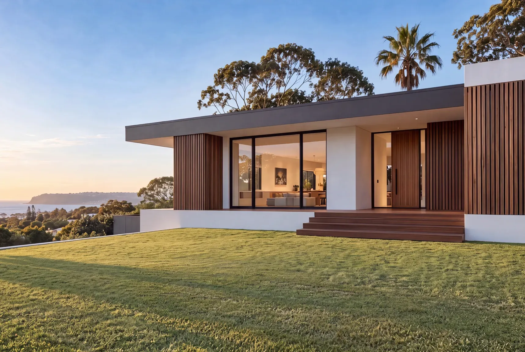 The front of a contemporary single-storey home with timber battens and a pivot front door, with plain lawn running up to the timber entry steps and the ocean and a headland in the distance.