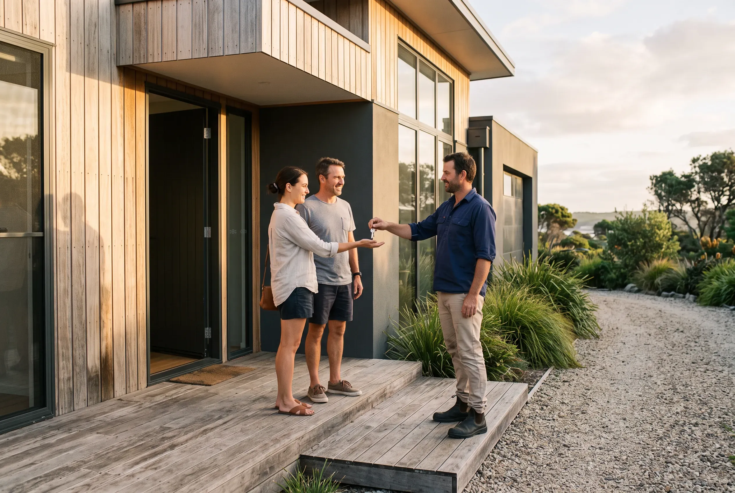 A builder hands the keys to the owners at the front door of their finished home in late afternoon light.