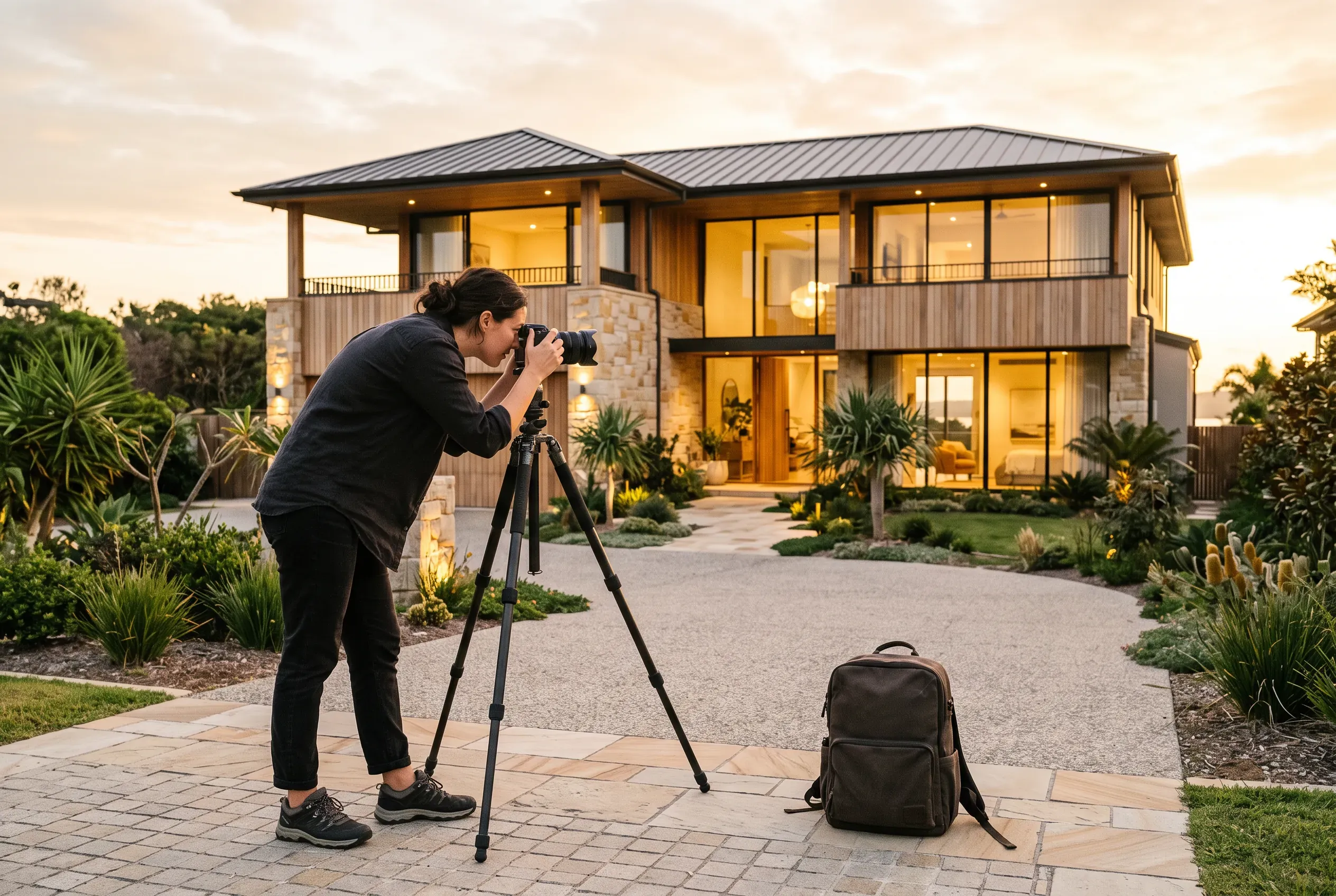 A photographer with a camera on a tripod shoots a finished custom home in the last of the afternoon light, the interior beginning to glow.