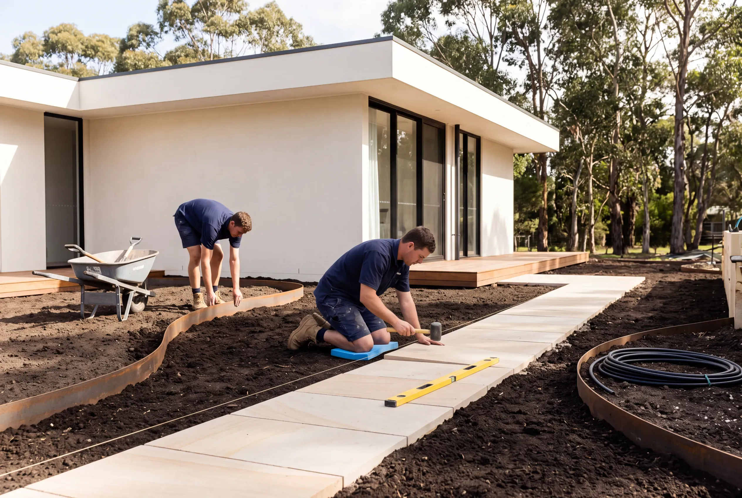 Two landscapers working in a new garden beside a white rendered home: one kneels to set a pale sandstone paver into a straight path with a rubber mallet, the other fixes a curved steel garden edge around a bed of bare soil, with a coil of irrigation pipe nearby.