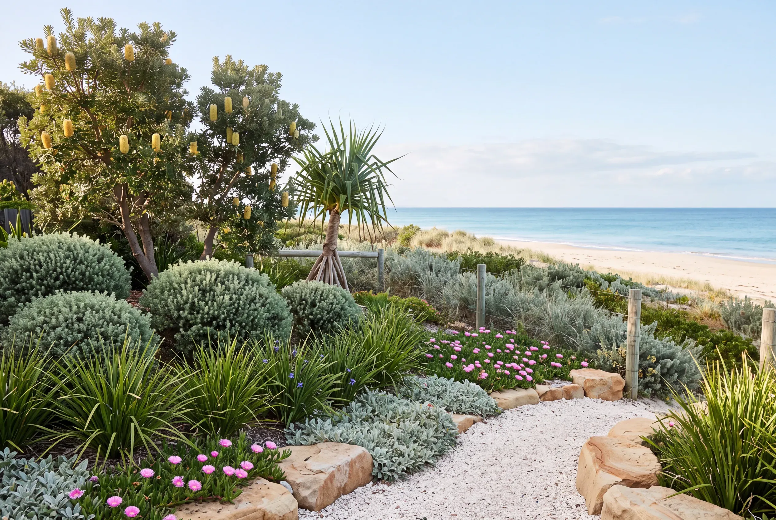A garden at the edge of a beach, planted in layers: pink-flowering pigface and silver groundcover beside a shell-grit path, clumps of lomandra and dianella, domes of grey-green coast rosemary, and coastal banksias and a pandanus behind, with the dune and the sea beyond.