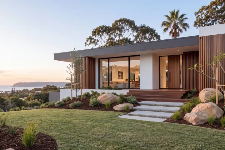 The front of the home on planting day: small grasses and shrubs spaced through fresh mulch around sandstone boulders, with two young staked trees.