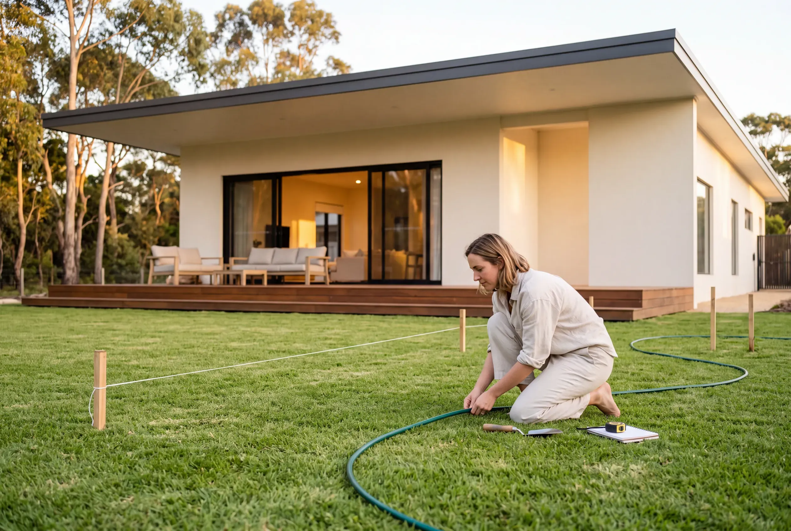 A homeowner kneels on a back lawn adjusting a garden hose laid in a long curve to mark a new garden bed, with a string line between wooden stakes marking a path, in front of a white rendered home with a timber deck in late afternoon light.