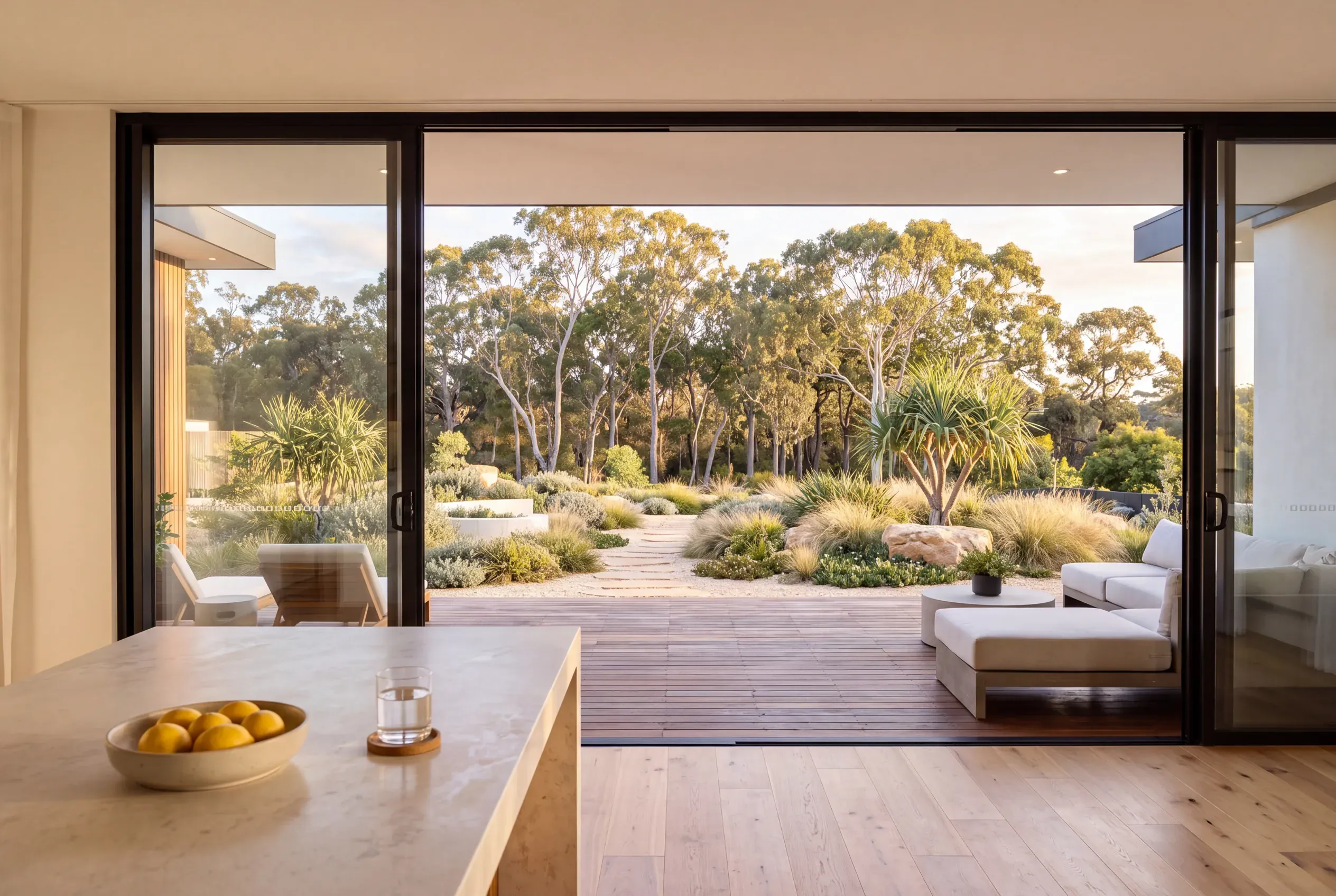 The coastal back garden seen from inside the house: a pale stone kitchen bench with a bowl of lemons in the foreground, open black-framed glass doors, the timber deck and outdoor lounge, and the gravel garden, grasses and pandanus beyond, under tall gum trees in late afternoon light.