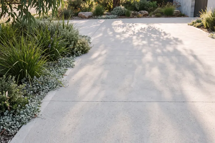 A pale grey concrete path with crisp saw-cut joints and leaf shadows, edged by native grasses and silver groundcover.