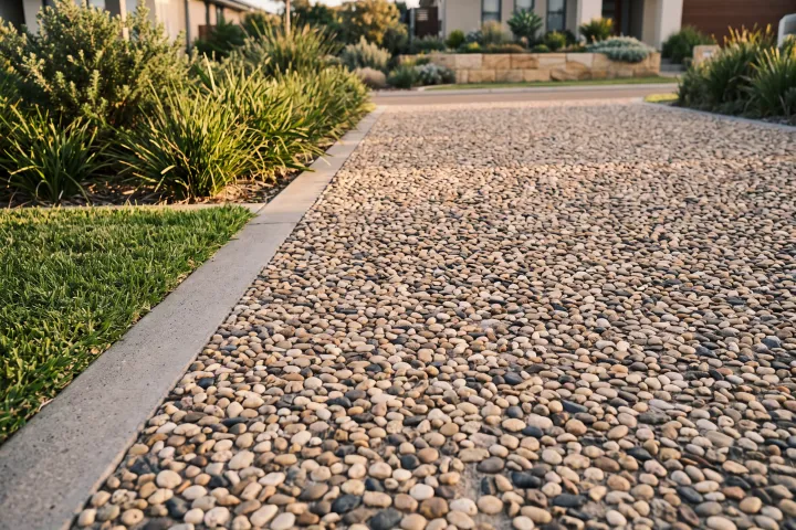 An exposed aggregate driveway of small rounded river pebbles in cream, tan and charcoal, beside a strip of lawn and native grasses.