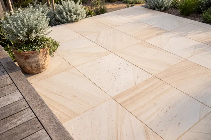 A terrace of large pale sandstone pavers in an even grid beside a timber deck and a pot of silver foliage.