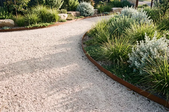 A pale crushed granite gravel path curving along a steel garden edge and a bed of native grasses and silver shrubs.