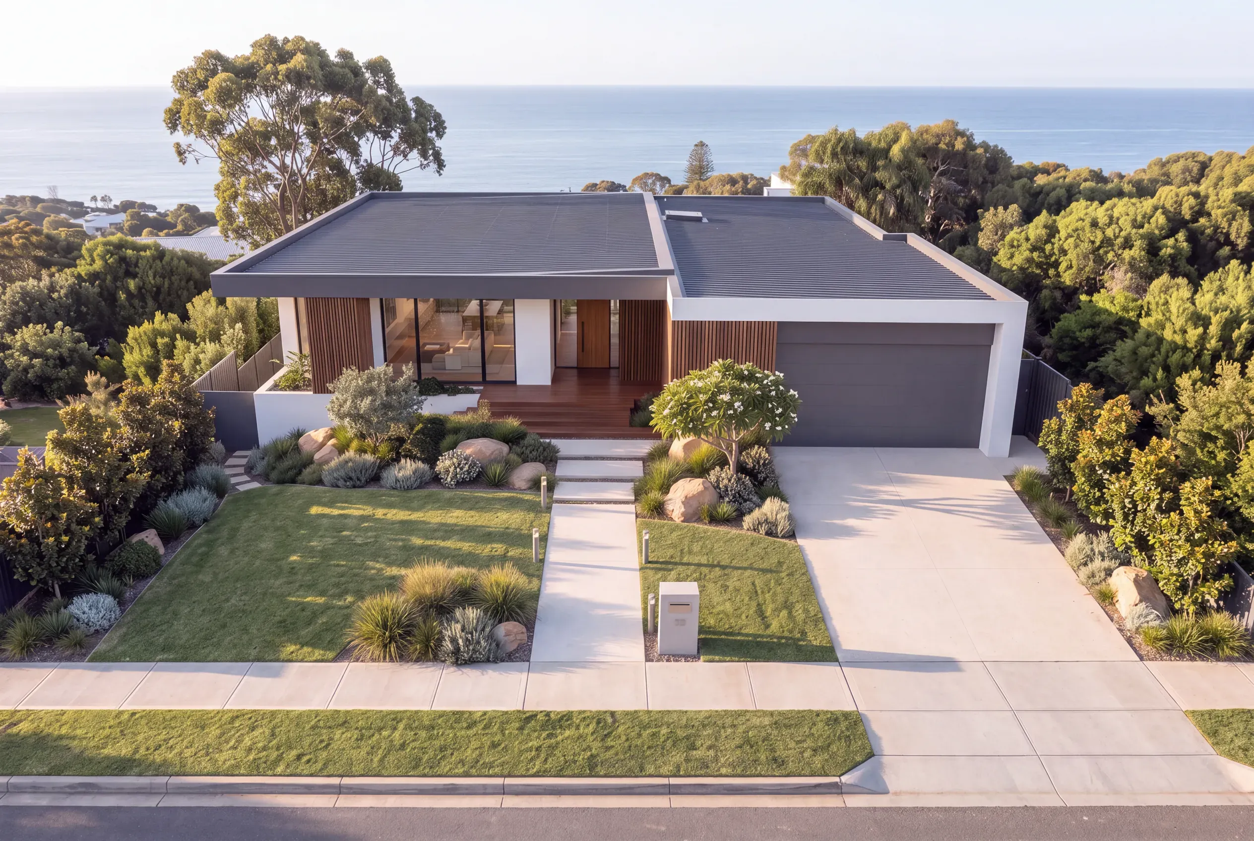 An aerial view of the front of the home: a straight concrete path with low bollard lights from the footpath to the front door, a letterbox at the boundary, a frangipani beside the entry, planting along the edge of the driveway, layered trees and shrubs along the side boundary, lawn, and the verge and street below, with the ocean behind.