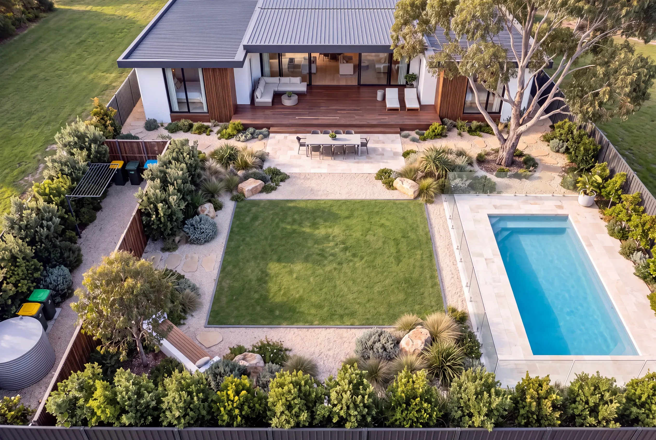 An aerial view of the back garden laid out in zones: a stone terrace and dining table off the kitchen, a large rectangular lawn in the middle, a timber bench under a small tree in one corner, a screened service strip with a clothesline, bins and a water tank, a pool inside a glass fence, a large gum tree beside the terrace, and a layered planted screen along the back fence.