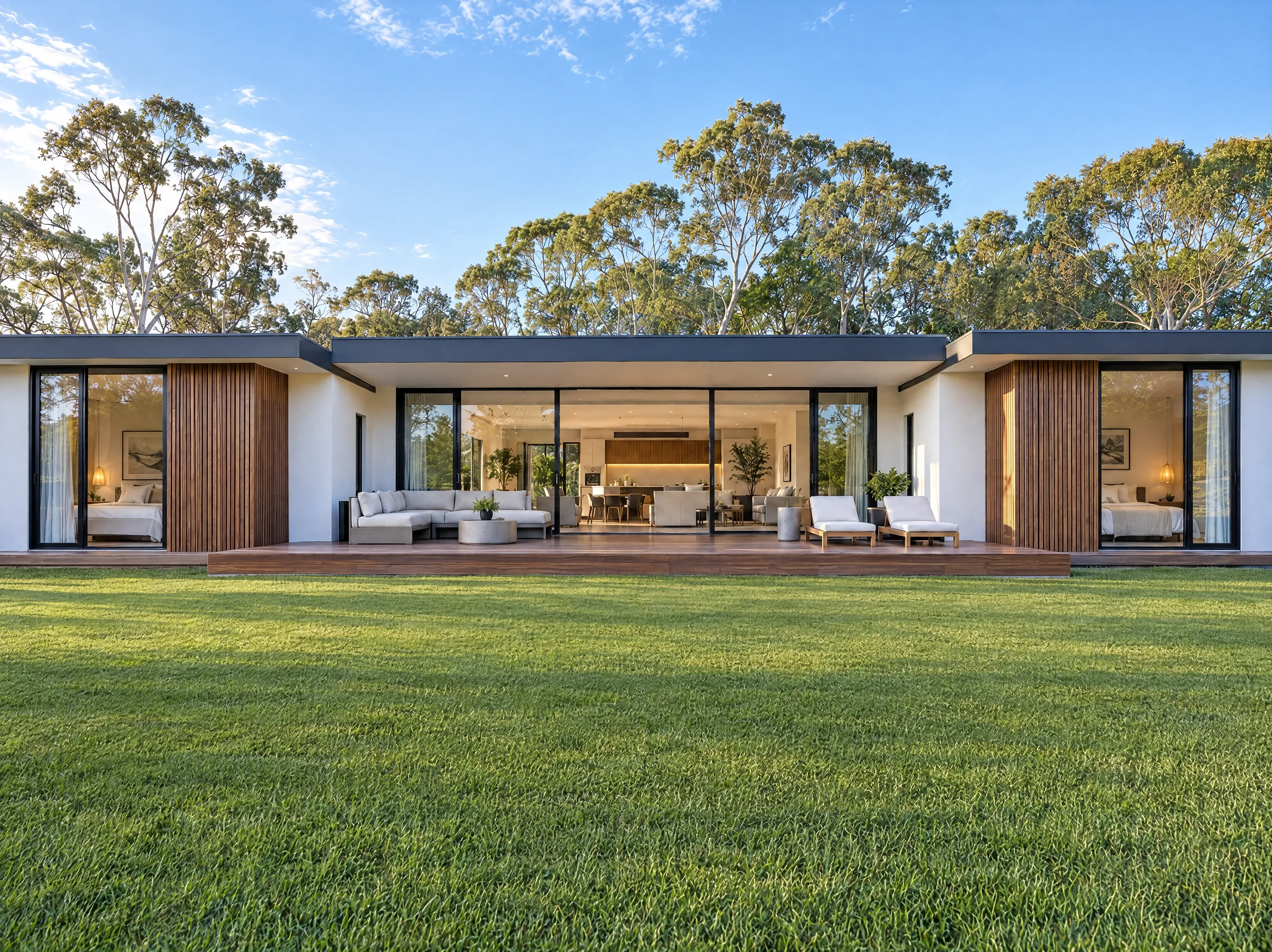 A contemporary home from the back garden, with a plain lawn