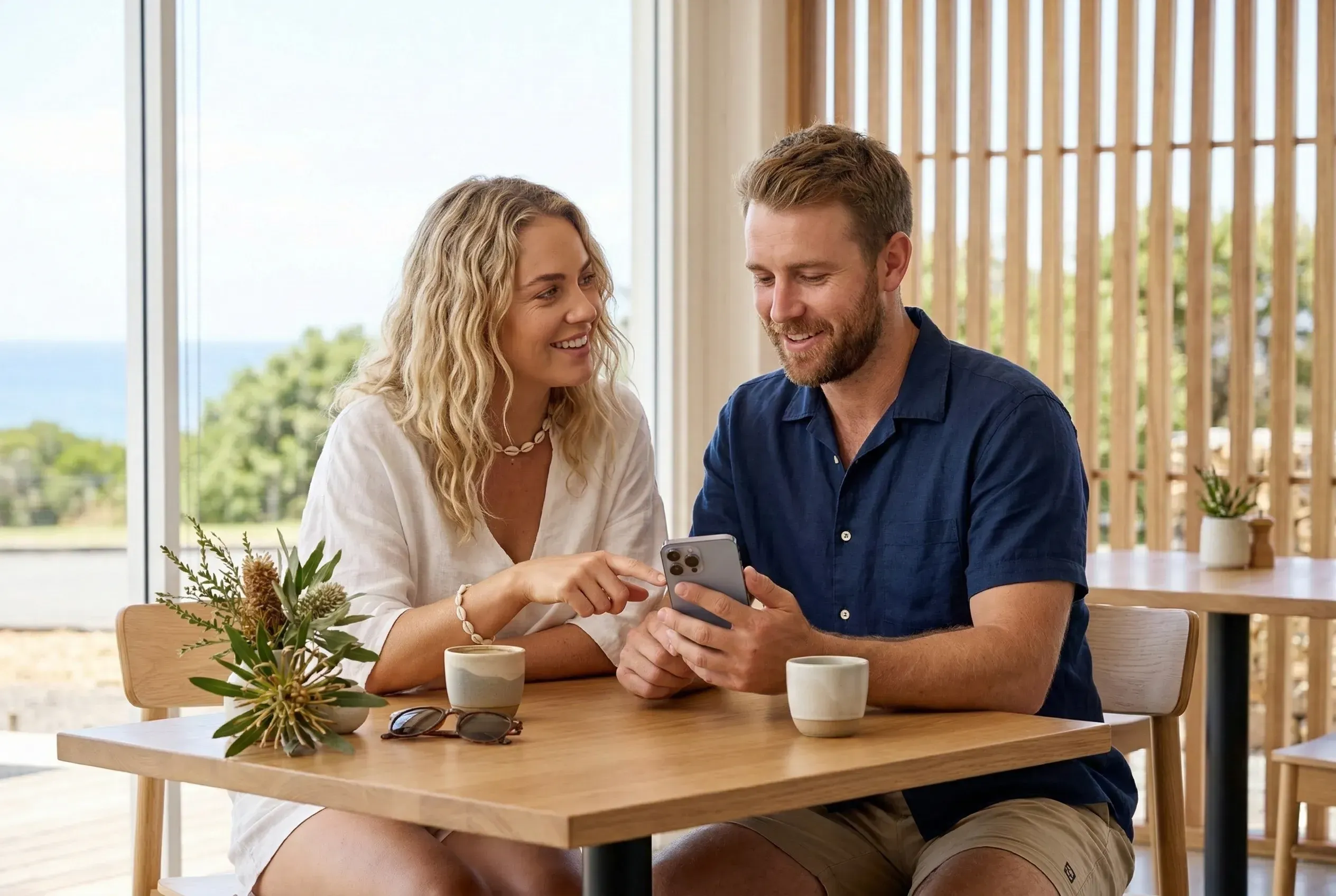 Couple reviewing a business website on their phone in a modern cafe