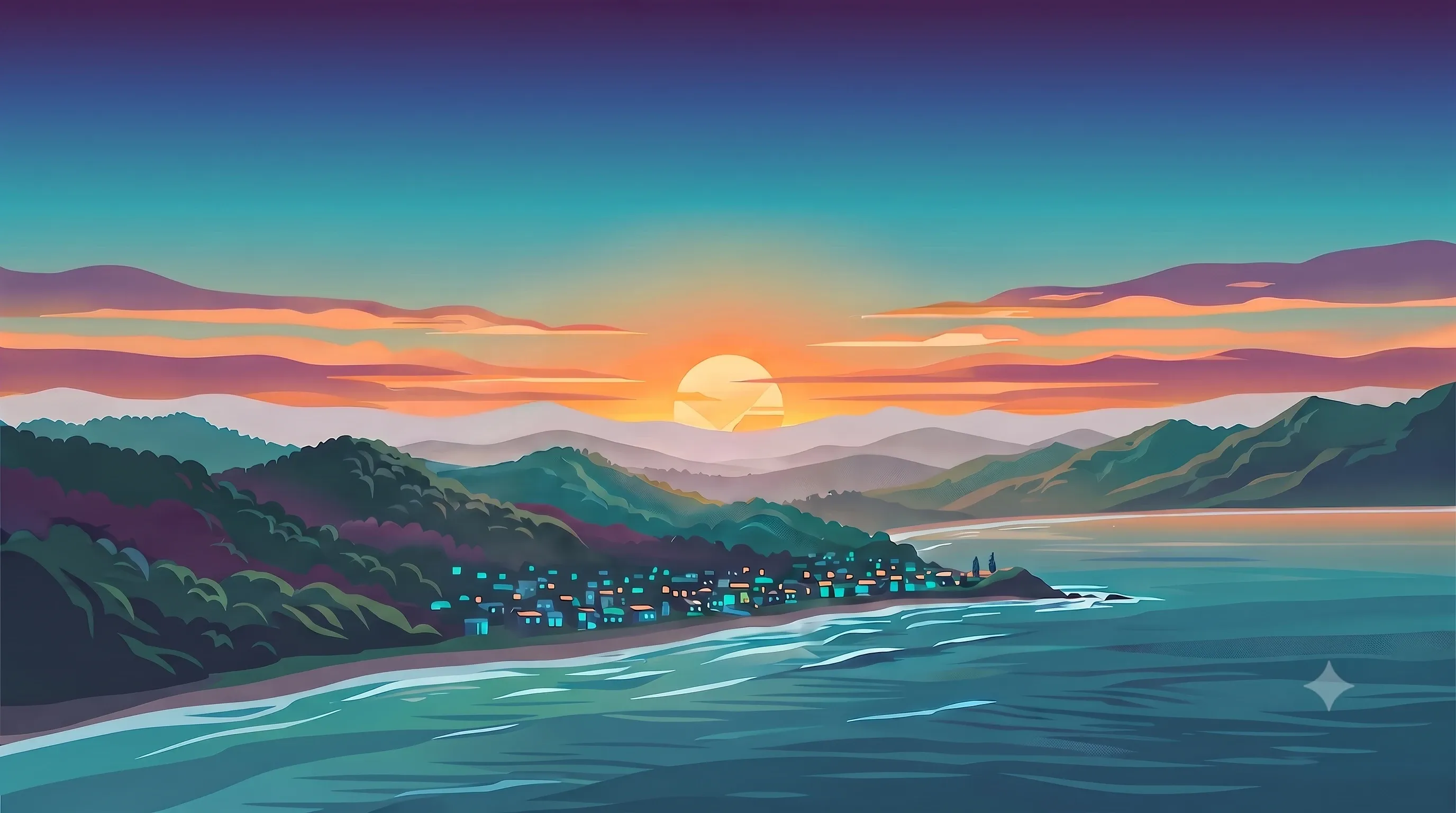 Illustrated coastal landscape at sunset: a lighthouse headland above a bay and small town, framed by trees