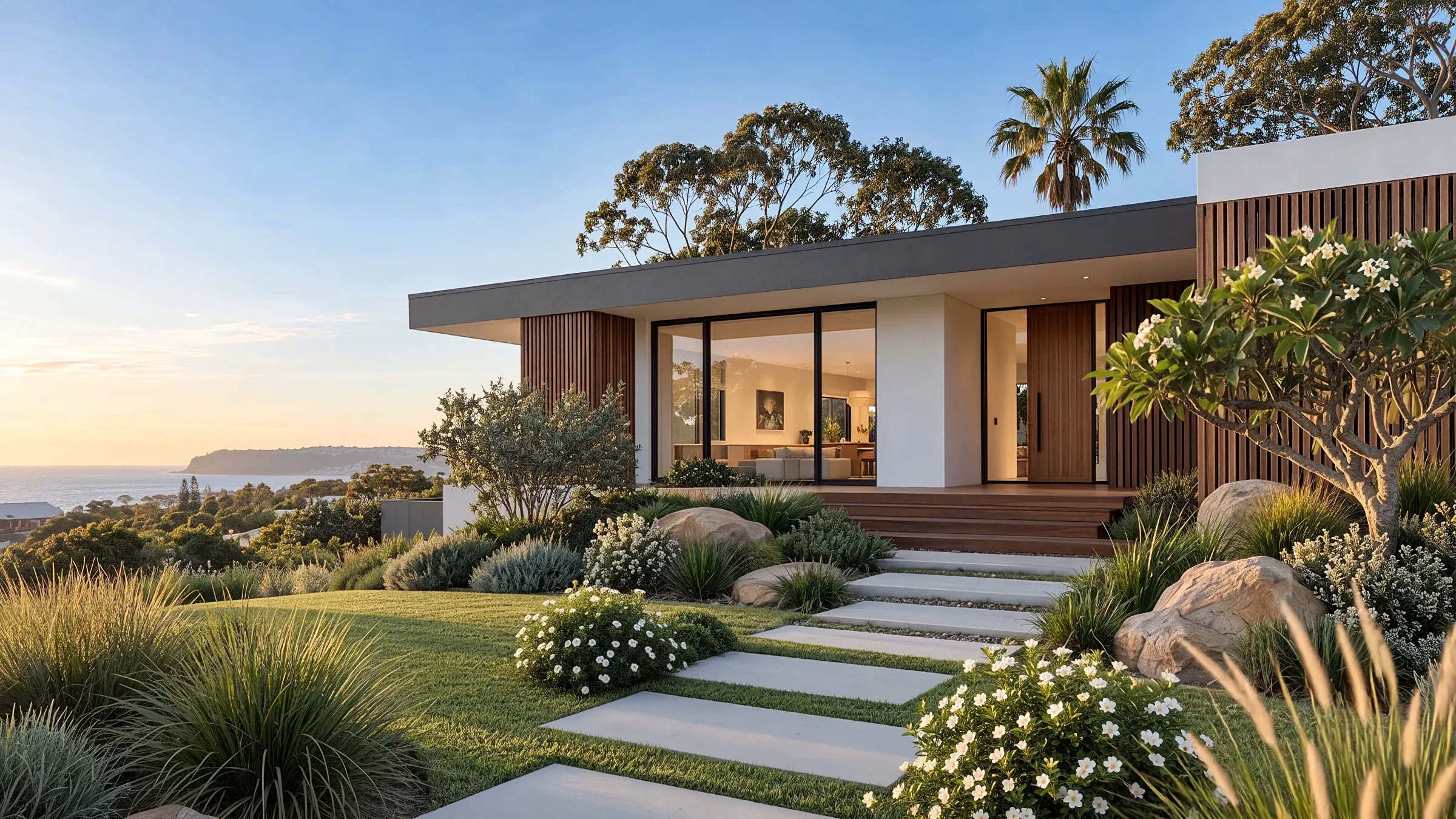 A contemporary coastal home with a finished native garden in late afternoon light