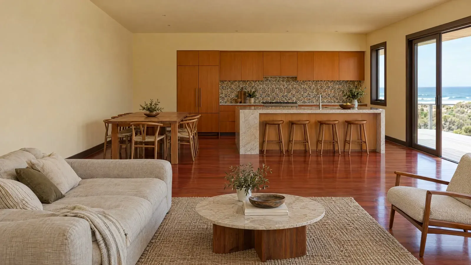 The same open plan living area in a new coastal palette