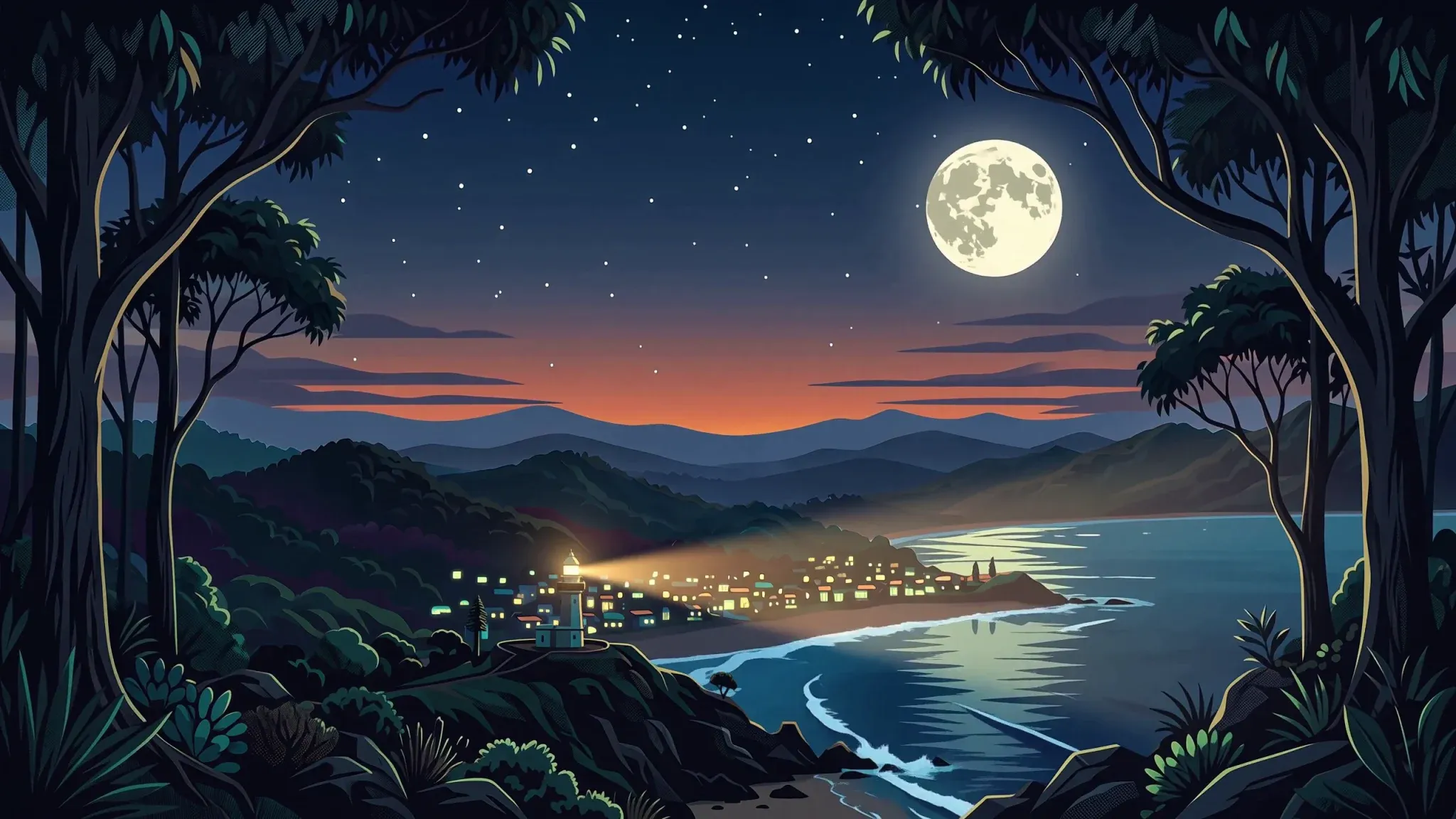 Illustrated coastal landscape at dusk: a lit lighthouse on a headland above a bay and small town, framed by trees