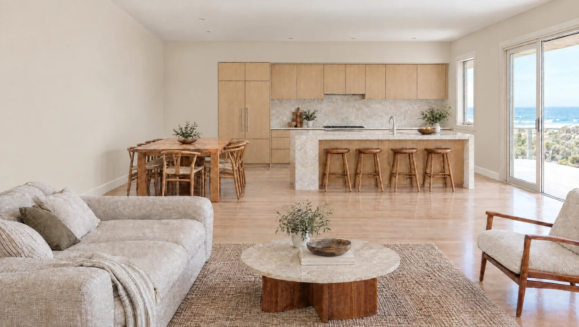 The same open plan living area in a new coastal palette