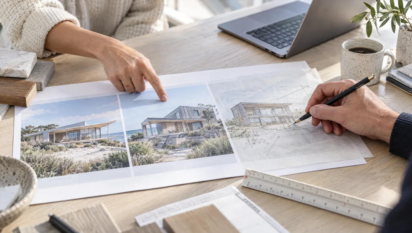 Hands pointing at a printed board of three house options with a sketch overlay