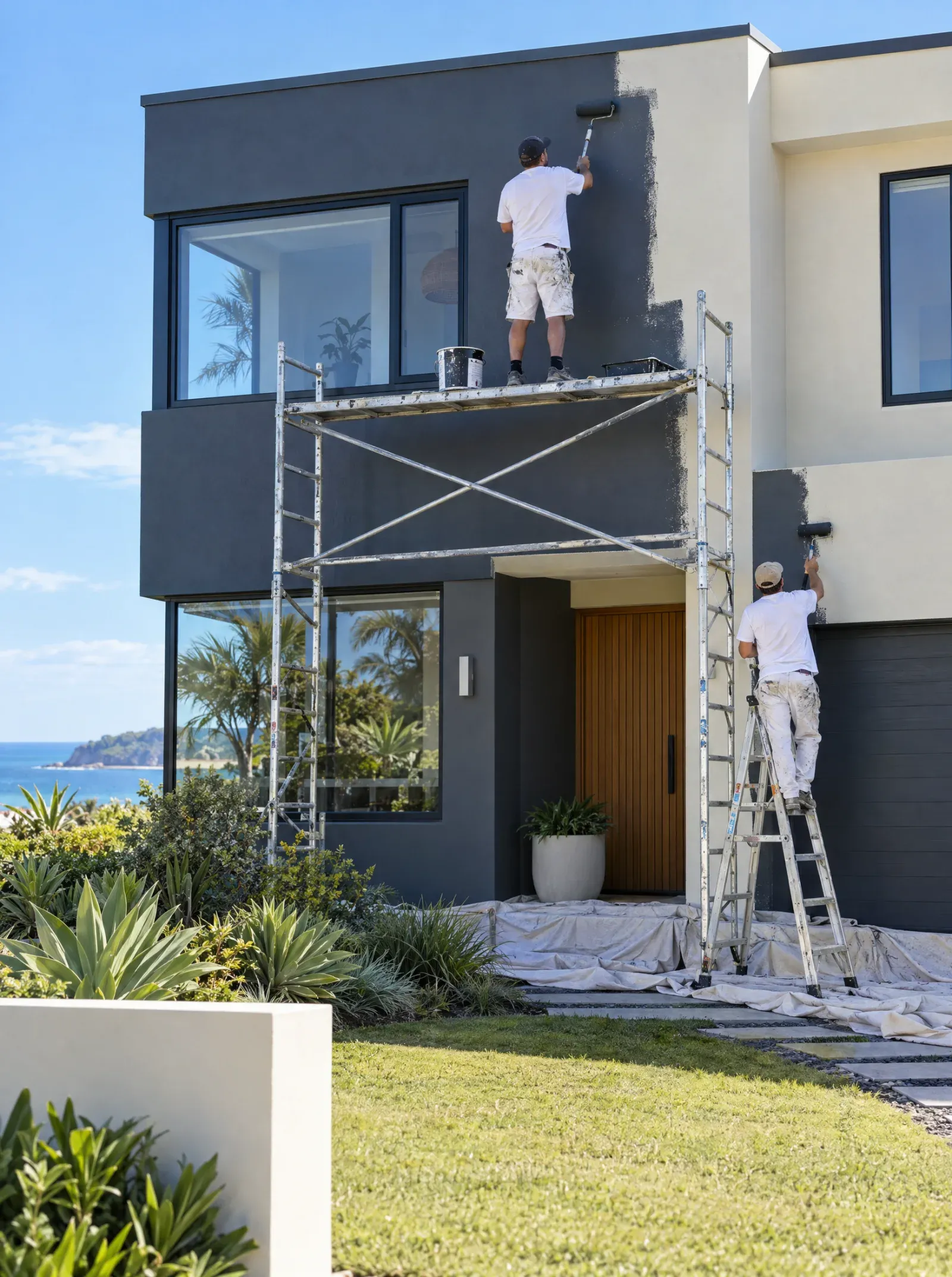 Painters rolling a new charcoal colour over a cream rendered home