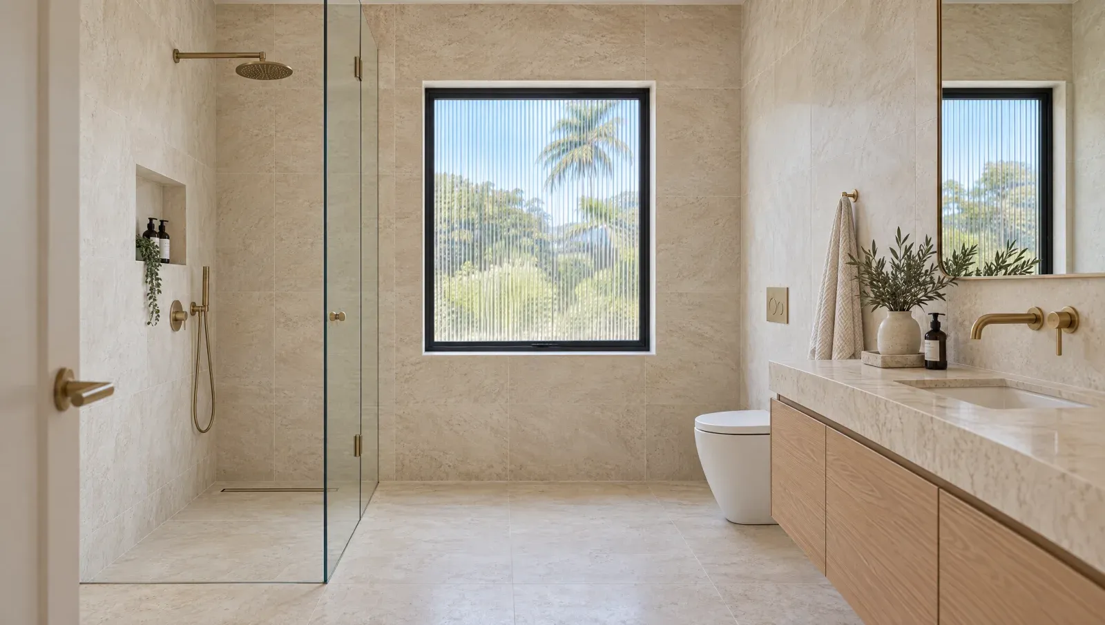 A finished bathroom with travertine tiles, oak vanity and brass tapware