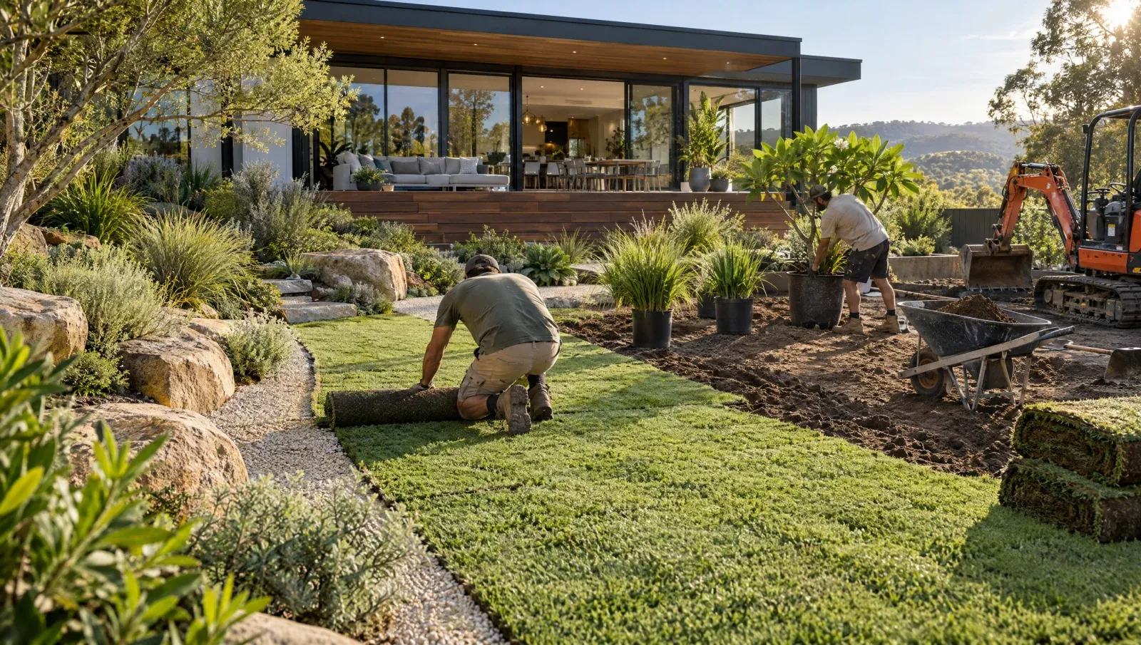 Landscapers laying turf and planting a new back garden