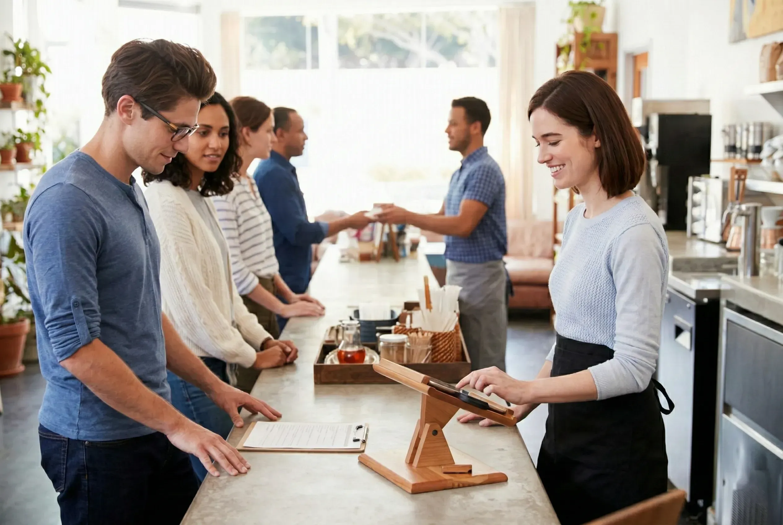 Small business owner using AI-powered tools at the counter