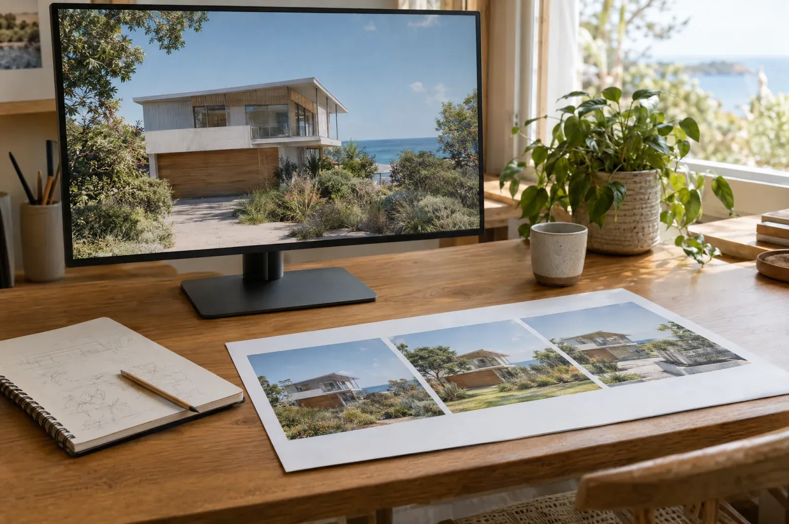 A studio desk with a house render on screen and a printed options board