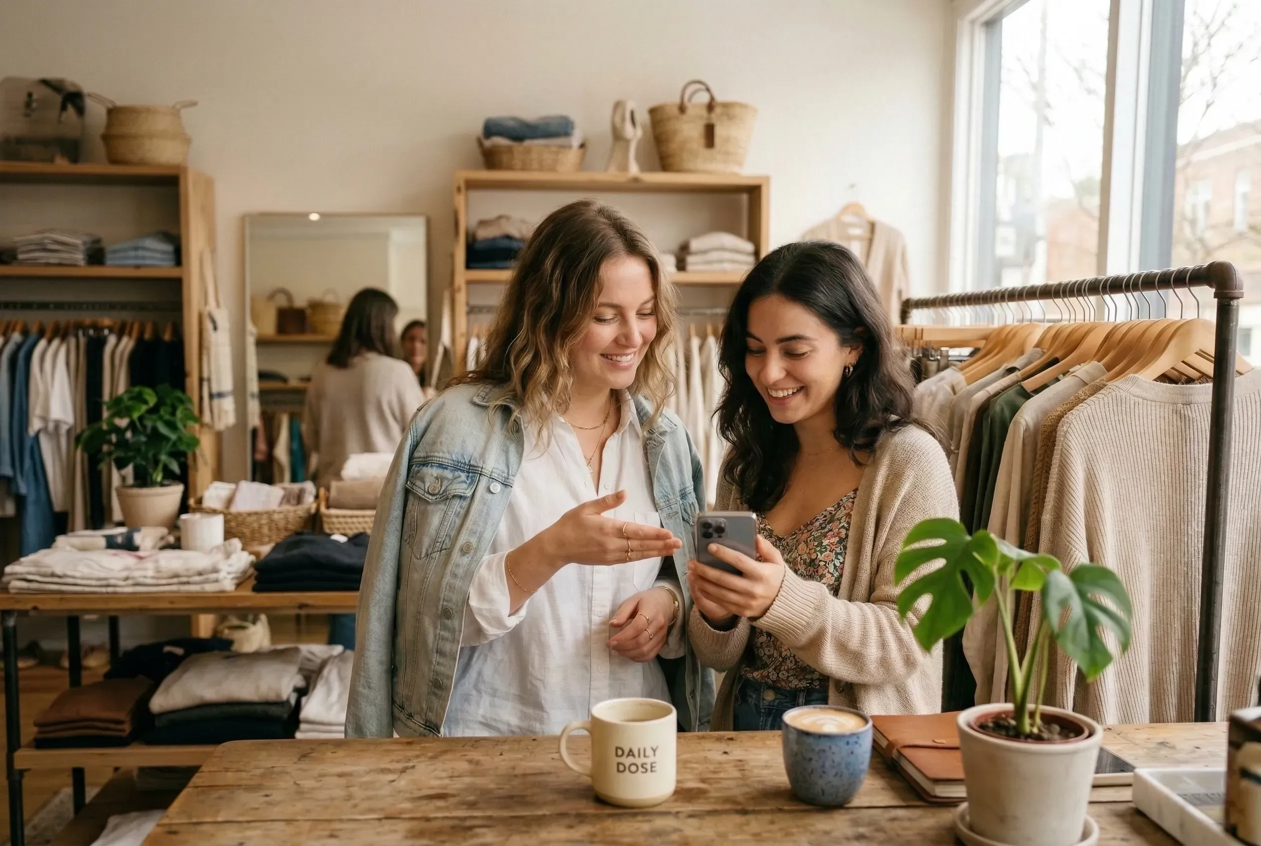 Small business owners discovering their website on a phone